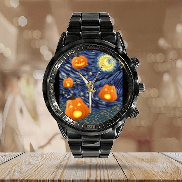 Discover Starry Night with Pumpkins Funny Halloween Art Calendar Steel Band Watch