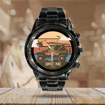 Discover Sunset Ride - Beach Jeep - Groovy California T-Shi Calendar Steel Band Watch
