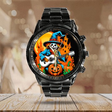 Discover Happy Halloween scarecrow plays guitar Calendar Steel Band Watch
