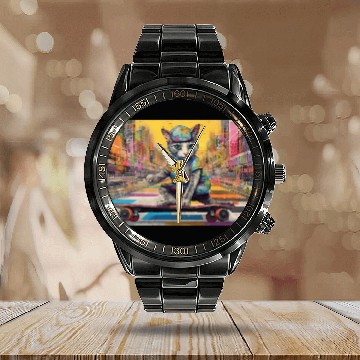 Discover Skateboarding Cat in a colorful city Calendar Steel Band Watch