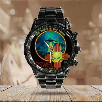 Discover Roswell Aviation New Mexico Alien UFO Calendar Steel Band Watch