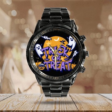 Discover Trick or Treat Design Halloween Calendar Steel Band Watch Calendar Steel Band Watch Tees