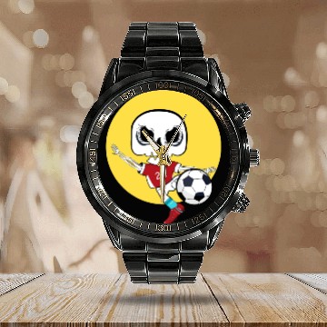 Discover Skeleton Playing Soccer Calendar Steel Band Watch