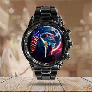 Discover America lion under Moon with American Flag Calendar Steel Band Watch