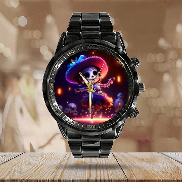 Discover mexican skeleton lady baby dancing Calendar Steel Band Watch