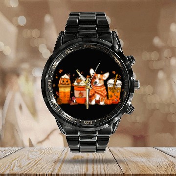 Discover Fall Coffee with Corgi Pumpkin Spice Latte Lovers Calendar Steel Band Watch