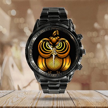 Discover Halloween Pumpkin Owl design Calendar Steel Band Watch