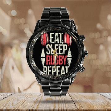 Discover Eat Sleep Rugby Repeat Sports Typography Calendar Steel Band Watch