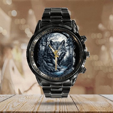 Discover Sunset Grey Wolf Hunter for Men and Women Calendar Steel Band Watch