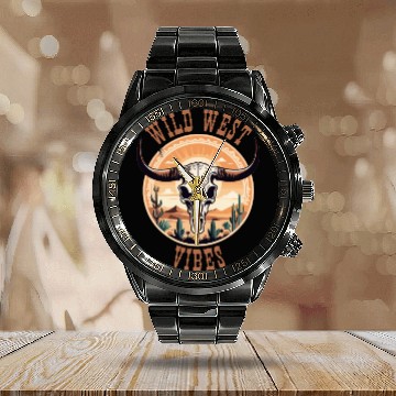 Discover Vintage Cow Skull Wild West Vibes Calendar Steel Band Watch
