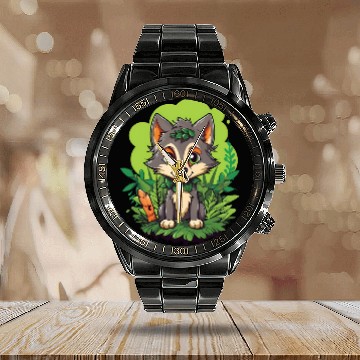 Discover Digital Art Wolf Puppy Wearing Blue Wig Sitting Calendar Steel Band Watch