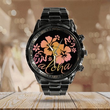 Discover Hawaiian Sunrise Hibiscus Aloha Graphic Calendar Steel Band Watch
