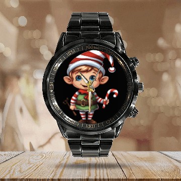 Discover Christmas Elf Candy Cane X-Mas Pajamas Party Calendar Steel Band Watch