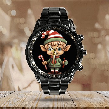 Discover Christmas Elf Candy Cane X-Mas Pajamas Party Calendar Steel Band Watch