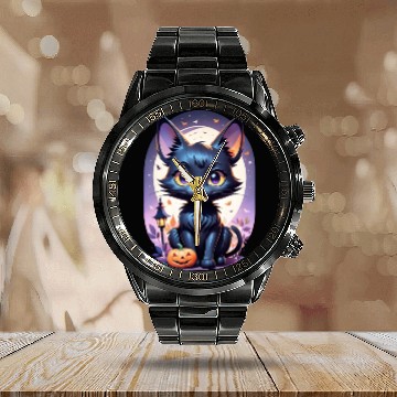 Discover Black Cat With a jack-o-lantern Halloween Design Calendar Steel Band Watch