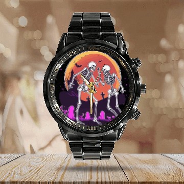 Discover "Skeletal Dance-Off Under Neon Moon" Calendar Steel Band Watch