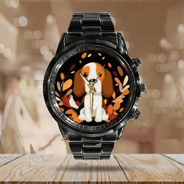 Discover Beagle dog with autumn leaves Calendar Steel Band Watch