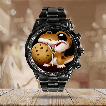 Discover Cute baby dinosaur snacking on a cookie Calendar Steel Band Watch