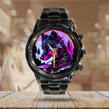 Discover Retro Synthwave Gangster Wolf Calendar Steel Band Watch