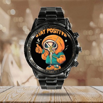 Discover Stay Positive Designs Calendar Steel Band Watch