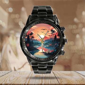 Discover Sunrise Dawn Serene Lakeside Symphony Calendar Steel Band Watch