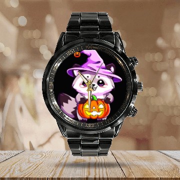 Discover Cute Halloween raccoon Calendar Steel Band Watch