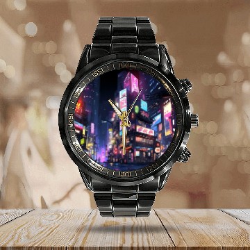 Discover Tokyo Urban Scene - A Digital Art Illustration wit Calendar Steel Band Watch