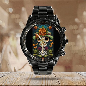 Discover Sugar Skull Man In Good Luck Green With Flowers Calendar Steel Band Watch