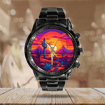 Discover Circular Hazy Desert Mountain Sunrise Calendar Steel Band Watch