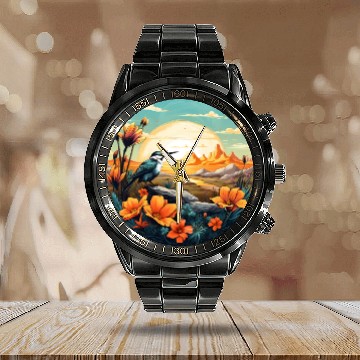 Discover Beautiful Bird And Orange Morning Sunrise Calendar Steel Band Watch