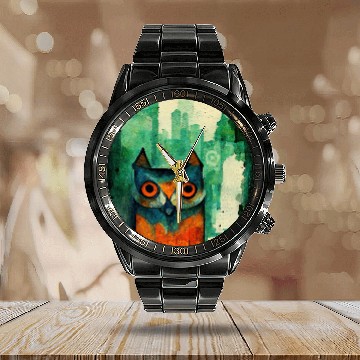 Discover Mod Owl: Watercolor CIty Owl Calendar Steel Band Watch