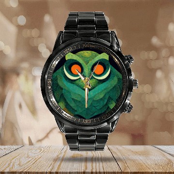 Discover Mod Owl: Feathery Orange-Eyed Owl Calendar Steel Band Watch
