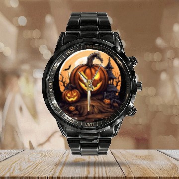 Discover Halloween Haunted House Spell Pumpkin Bat Calendar Steel Band Watch