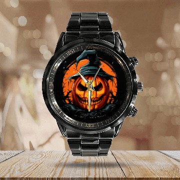 Discover Halloween Magic Spooky Pumpkin With Bat Calendar Steel Band Watch