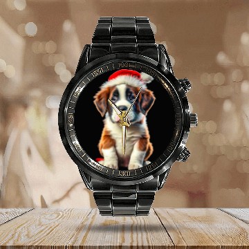 Discover Saint Bernard puppy waiting for Christmas Calendar Steel Band Watch
