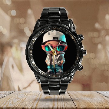 Discover The boy poses in stylish clothes hip hop Calendar Steel Band Watch
