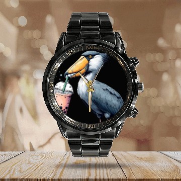 Discover Beaked stork with bubble tea Calendar Steel Band Watch