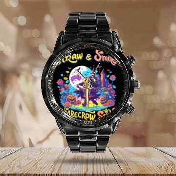 Discover Straw & Smile The Scarecrow Funny Cute Halloween Calendar Steel Band Watch