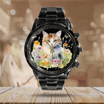 Discover CAT Watercolor Flowers Butterflies Calendar Steel Band Watch