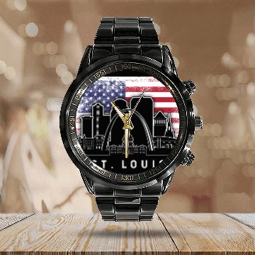 Discover St. Louis Missouri American Flag Vintage Calendar Steel Band Watch