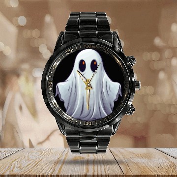 Discover Funny Halloween Pumpkin With Cute Ghost Calendar Steel Band Watch
