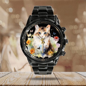 Discover Watercolor Cat Flowers & Butterflies Calendar Steel Band Watch