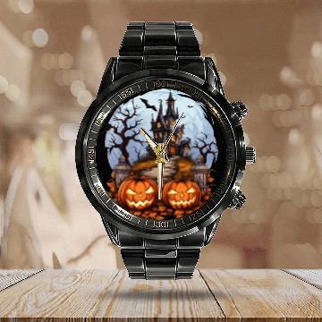 Discover Spooky Haunted House Halloween Pumpkin Bat Calendar Steel Band Watch