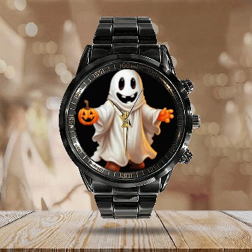 Discover Funny Halloween Pumpkin With Cute Ghost Calendar Steel Band Watch
