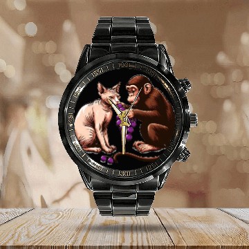 Discover Monkey feeds sphinx cat with grapes Calendar Steel Band Watch