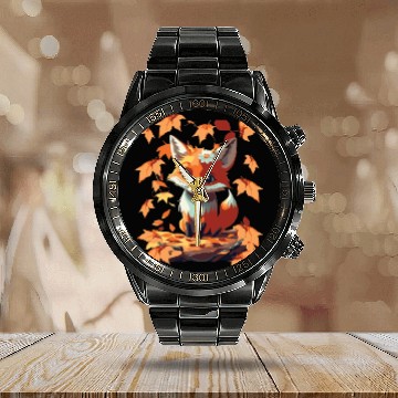 Discover Sweet cute fox in autumn Calendar Steel Band Watch