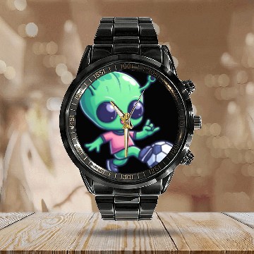 Discover Soccer Playing Alien: Green Galaxy Meets Pitch Calendar Steel Band Watch