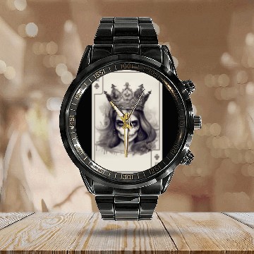 Discover Gothic Poker Card Game Creepy Queens Skull Calendar Steel Band Watch