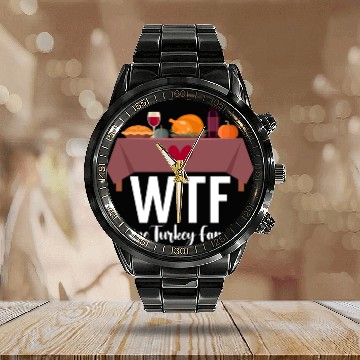 Discover Thanksgiving WTF Wine Turkey Family Fall Harvest Calendar Steel Band Watch