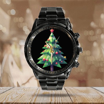 Discover Polygonal Christmas Magic: The Faceted Pine Tree Calendar Steel Band Watch